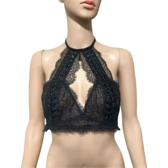 Victoria's Secret Women's Black Lace Bralette L  Halter Keyhole Detail - Picture 2 of 6